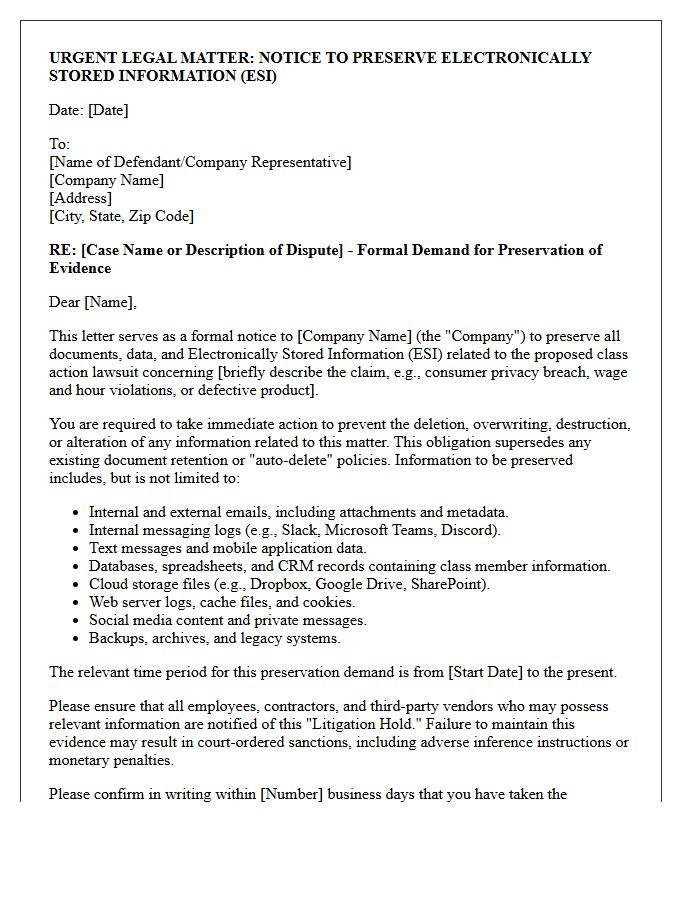 Class Action Electronic Stored Information Preservation Letter