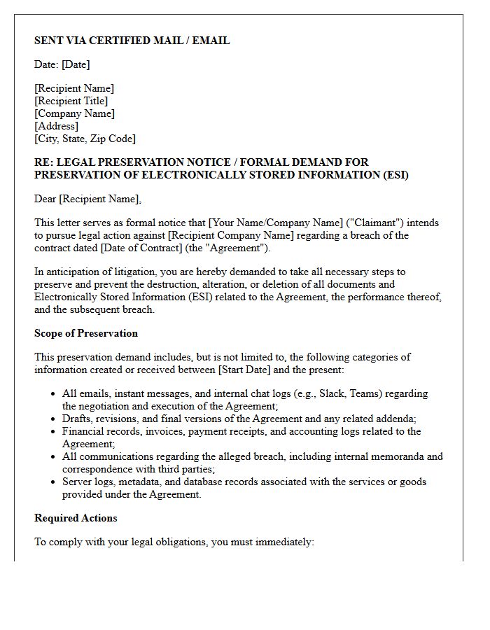 Breach Of Contract ESI Preservation Demand Letter