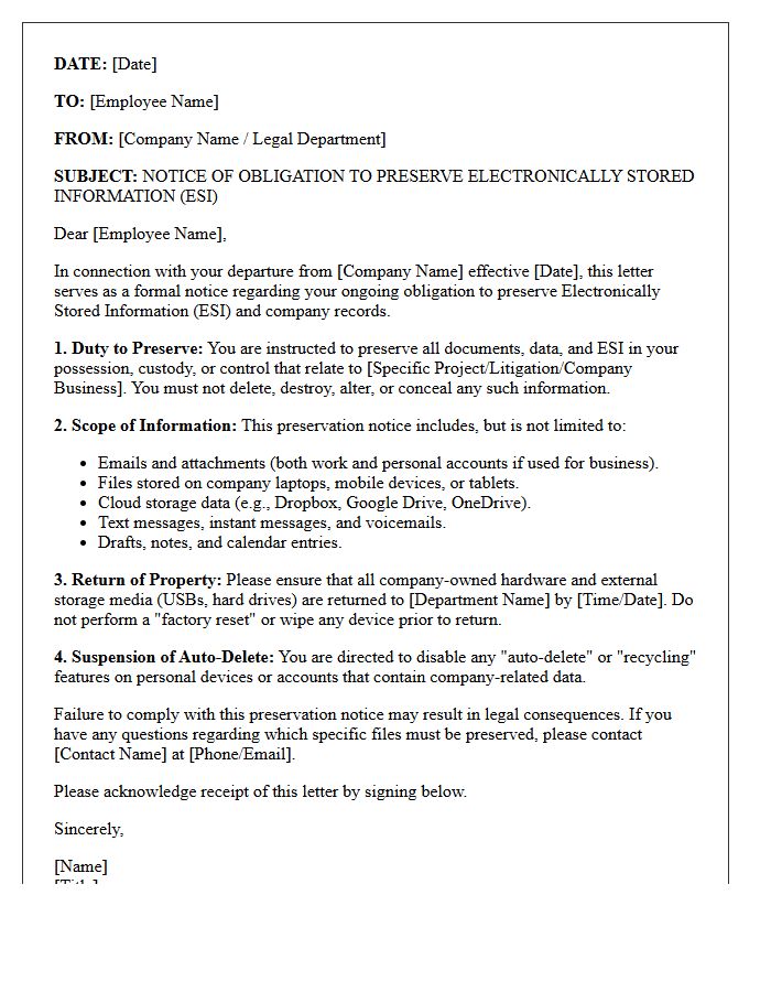 Departing Employee ESI Preservation Notice Letter