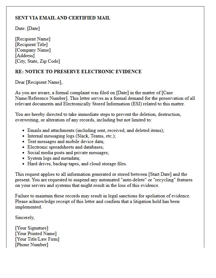 Post-Complaint Electronic Record Preservation Letter