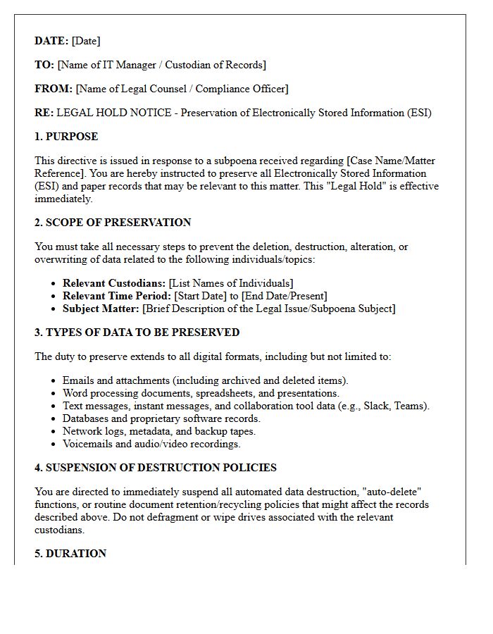 Subpoena Related ESI Preservation Directive Letter