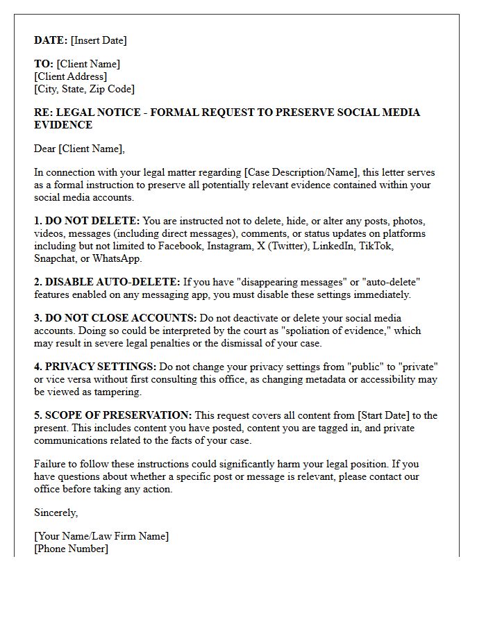 Client Social Media Evidence Preservation Letter