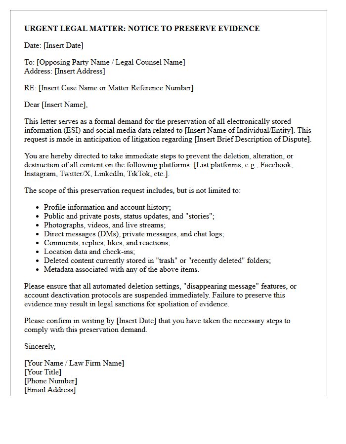 Opposing Party Social Media Data Preservation Letter