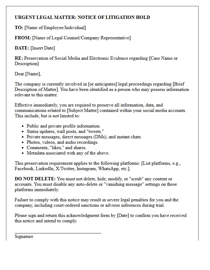 Litigation Hold Social Media Preservation Letter