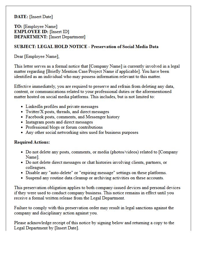 Corporate Employee Social Media Data Preservation Letter