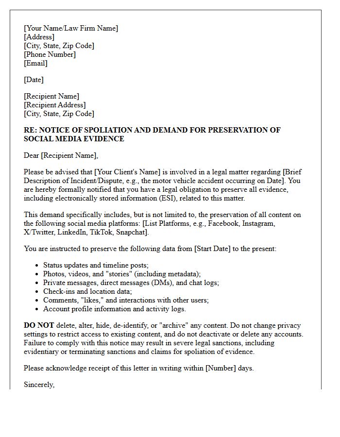 Notice of Spoliation Social Media Preservation Letter