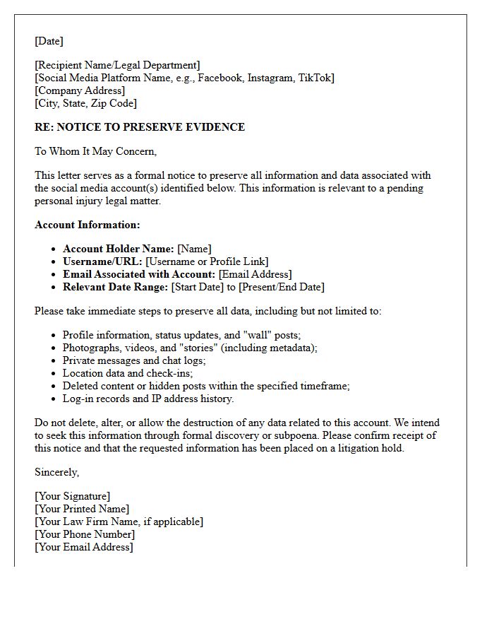 Personal Injury Social Media Account Preservation Letter