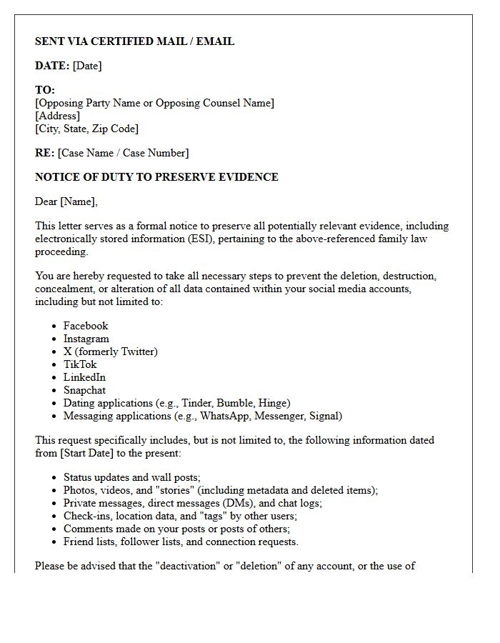Family Law Proceeding Social Media Preservation Letter