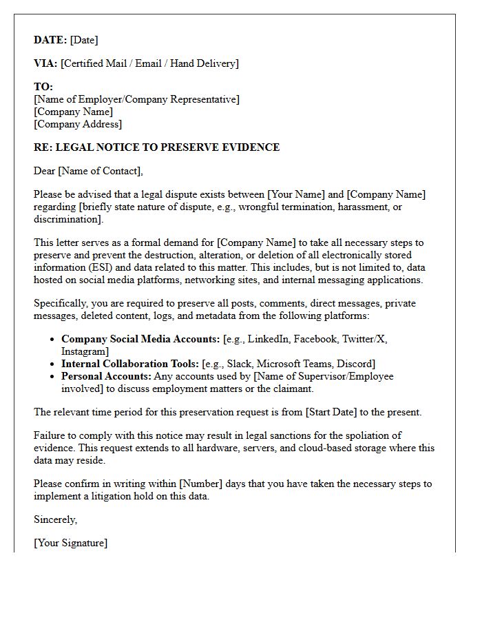 Employment Dispute Social Media Data Preservation Letter
