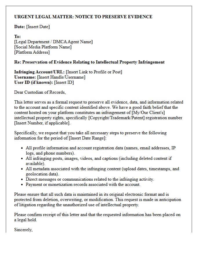 Intellectual Property Infringement Social Media Preservation Letter