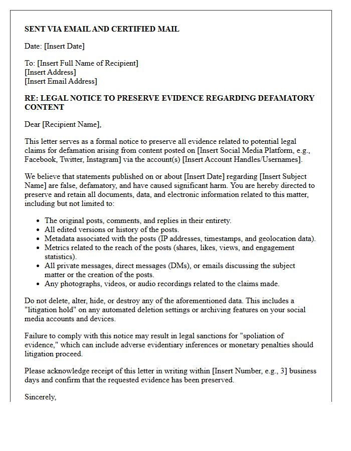 Defamation Claim Social Media Evidence Preservation Letter