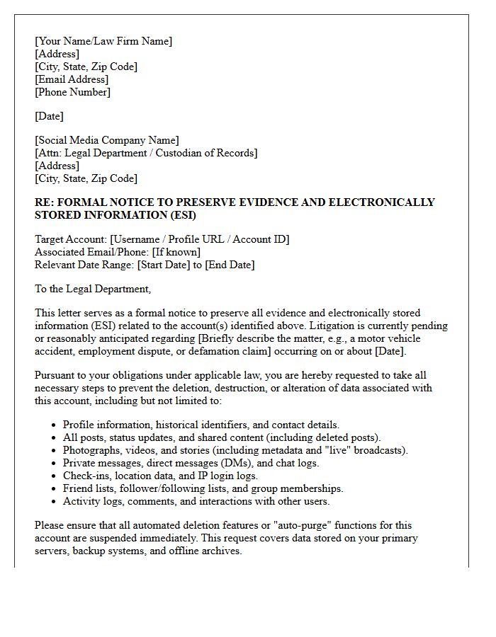Pre-Litigation Social Media Account Preservation Letter
