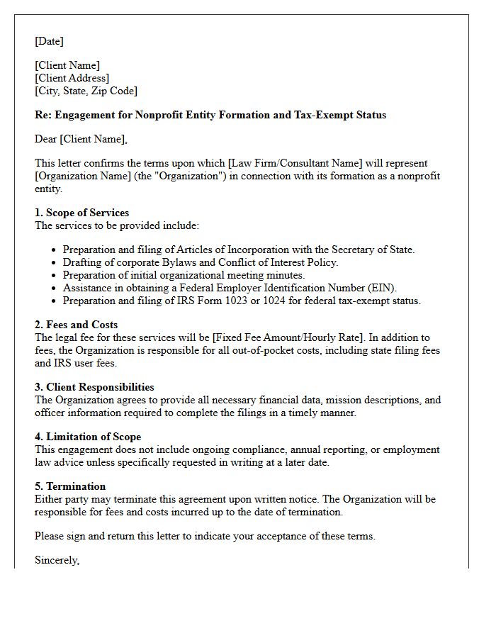 Nonprofit Entity Formation Engagement Letter