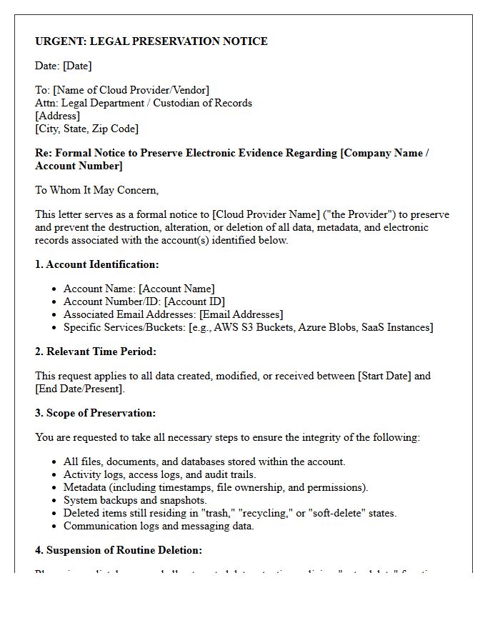Third-Party Cloud Vendor Evidence Preservation Letter