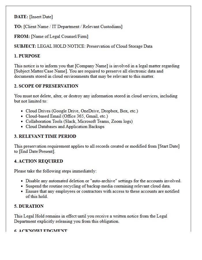 Client Cloud Storage Legal Hold Notice Letter