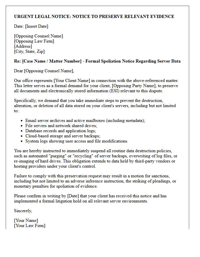 Opposing Counsel Server Data Spoliation Warning Letter