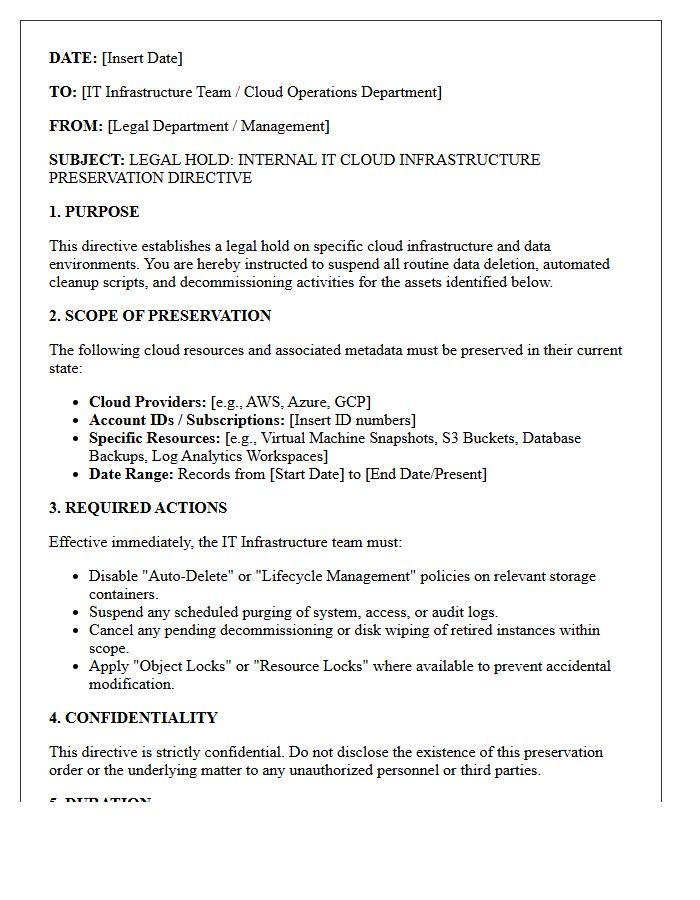 Internal IT Cloud Infrastructure Preservation Directive Letter