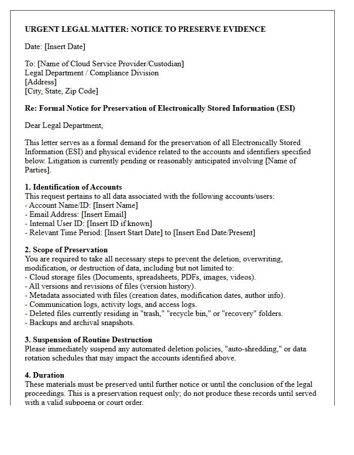 Pre-Litigation Cloud Storage Evidence Preservation Letter