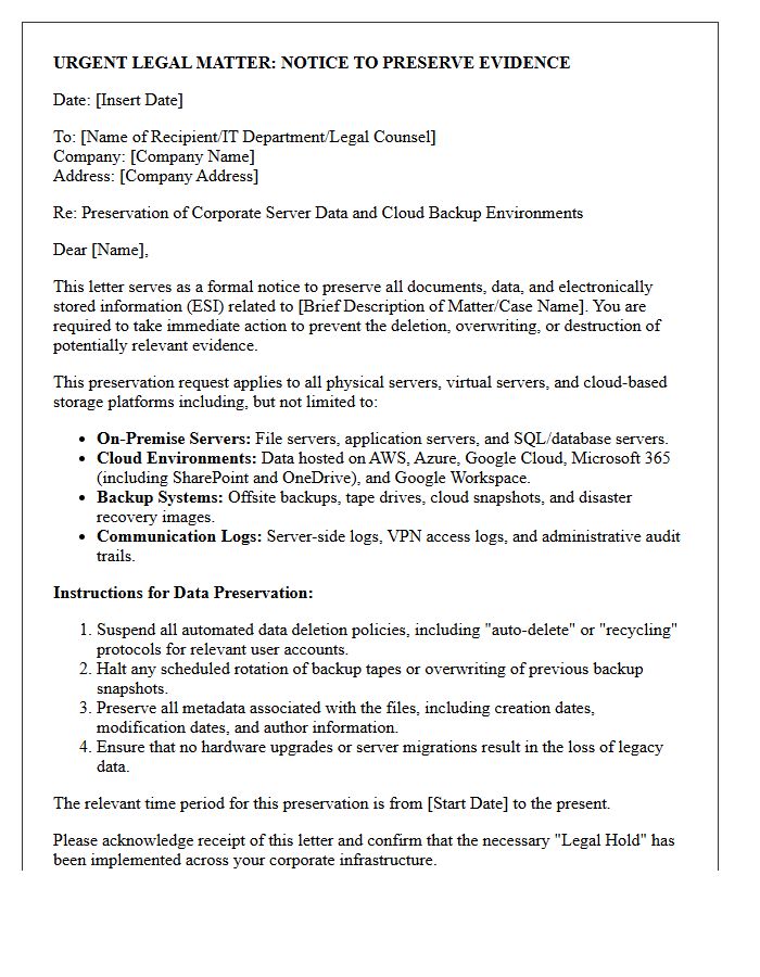 Corporate Server Data and Cloud Backup Preservation Letter