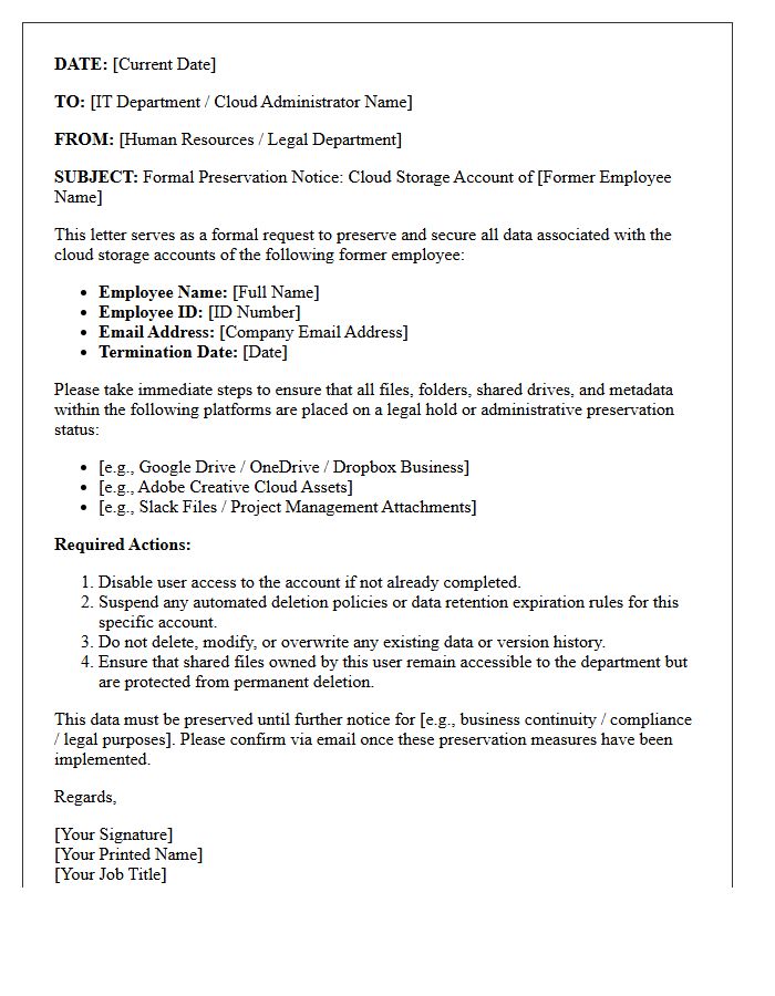 Former Employee Cloud Storage Account Preservation Letter