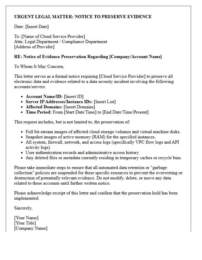 Data Incident Cloud Server Evidence Preservation Letter