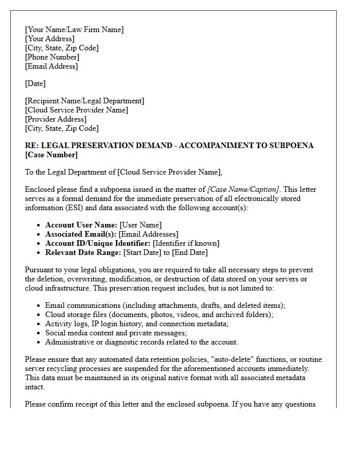 Subpoena Accompaniment Cloud Data Preservation Letter