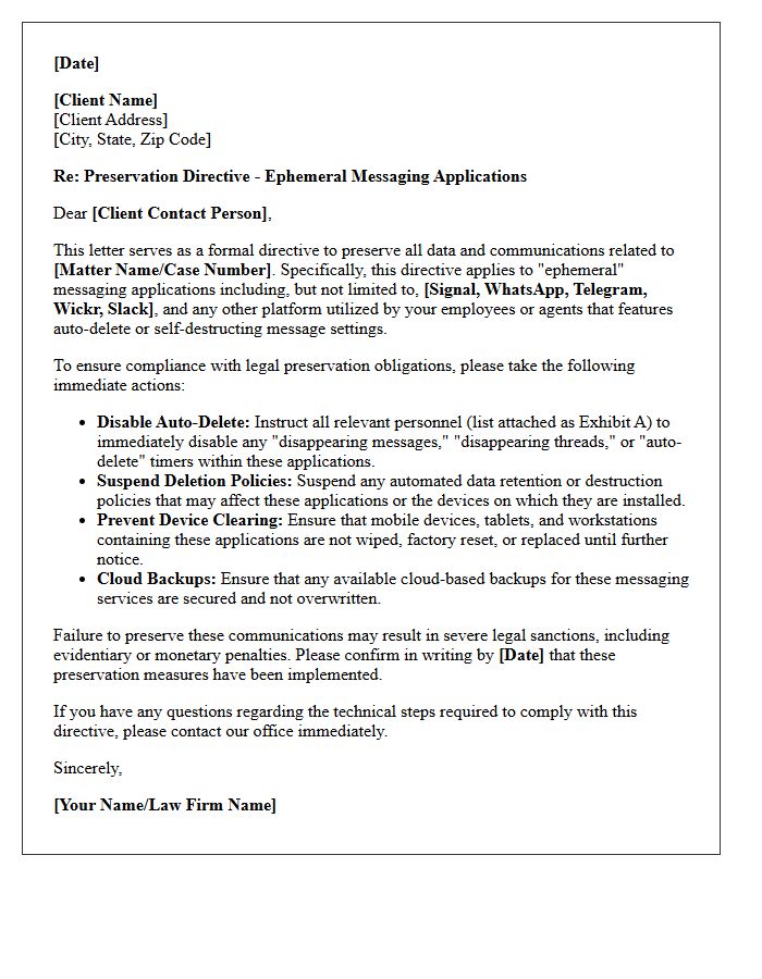 Client Directive Ephemeral Messaging Application Preservation Letter