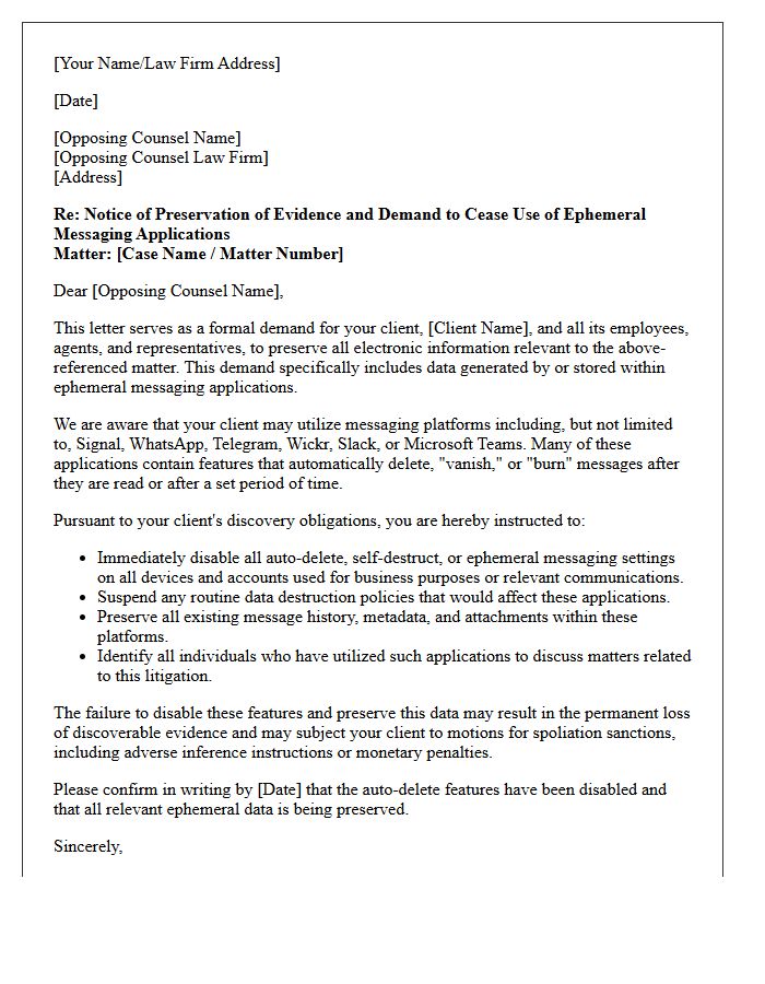 Opposing Counsel Ephemeral Messaging Application Preservation Letter