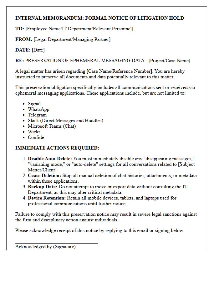 Internal Law Firm Ephemeral Messaging Application Preservation Letter