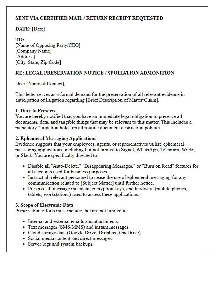 Pre-Litigation Spoliation Ephemeral Messaging Application Preservation Letter