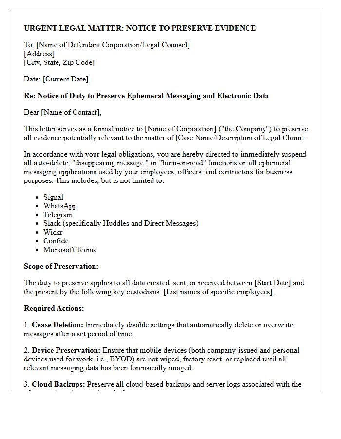 Corporate Defendant Ephemeral Messaging Application Preservation Letter