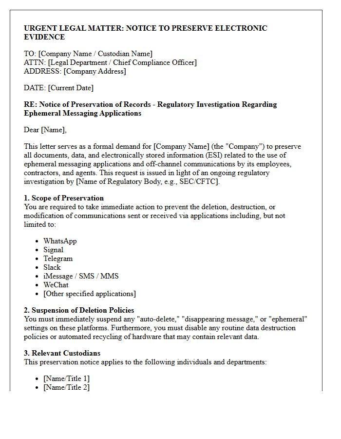 Regulatory Investigation Ephemeral Messaging Application Preservation Letter
