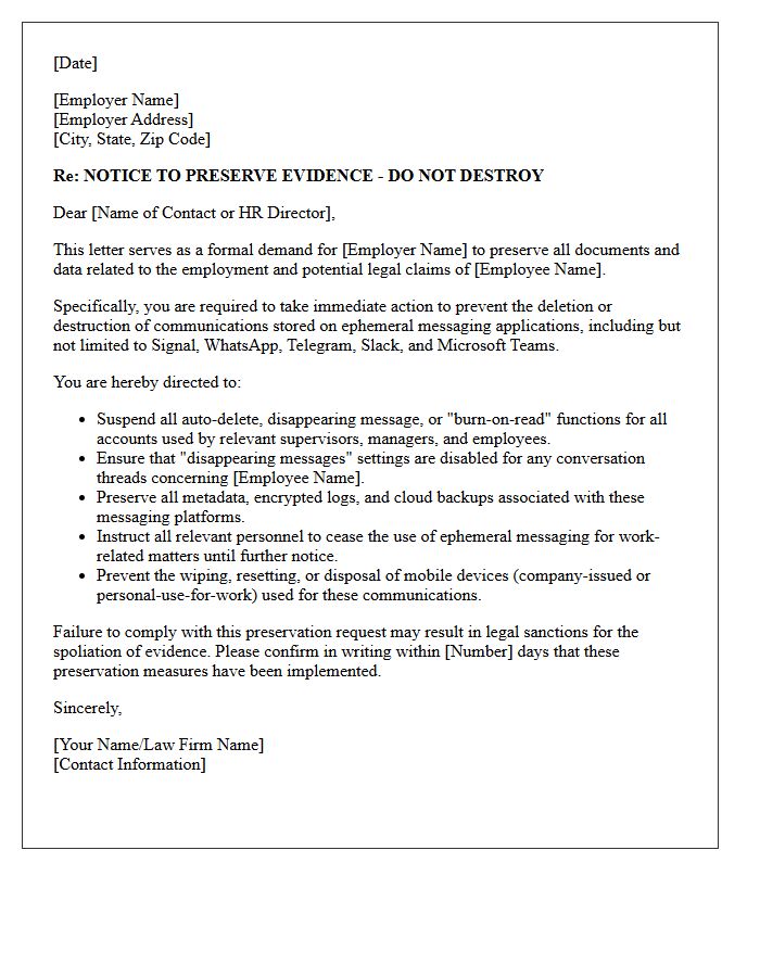 Employment Dispute Ephemeral Messaging Application Preservation Letter
