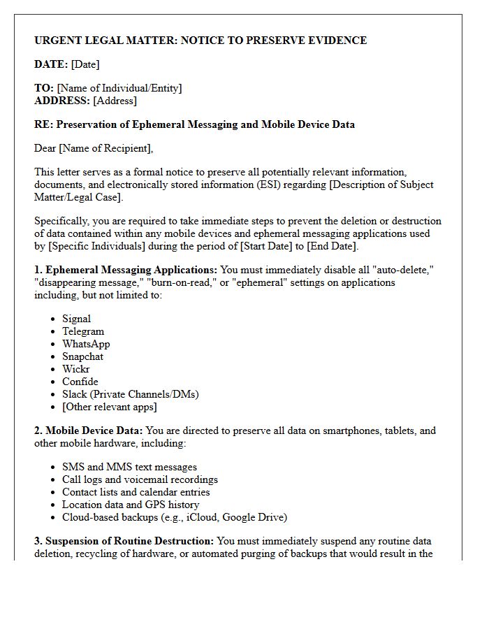 Mobile Device Ephemeral Messaging Application Preservation Letter