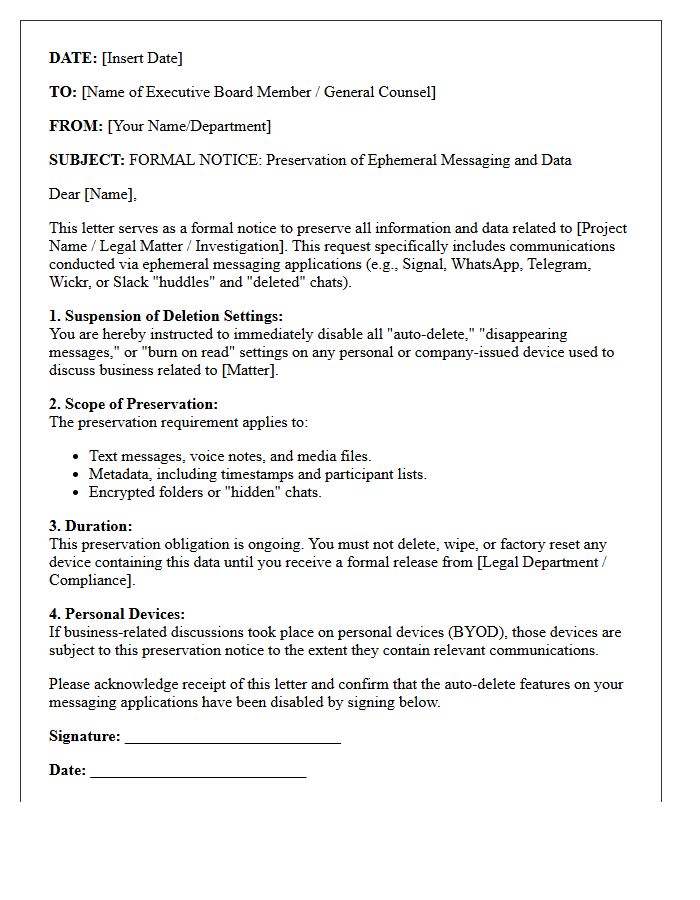 Executive Board Ephemeral Messaging Application Preservation Letter