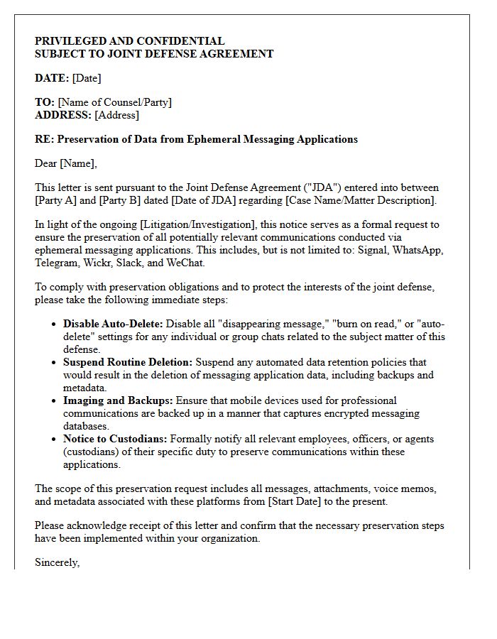 Joint Defense Agreement Ephemeral Messaging Application Preservation Letter