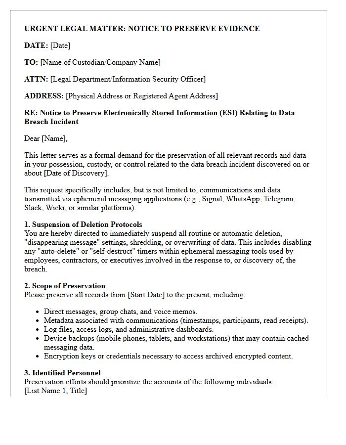 Data Breach Incident Ephemeral Messaging Application Preservation Letter