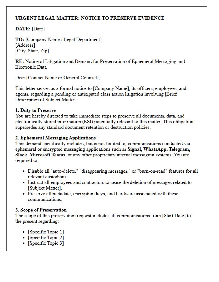 Class Action Litigation Ephemeral Messaging Application Preservation Letter