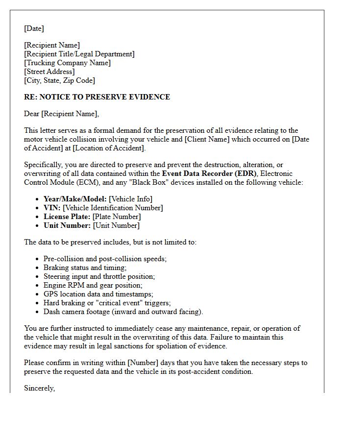 Commercial Trucking Motor Vehicle Event Data Recorder Preservation Letter
