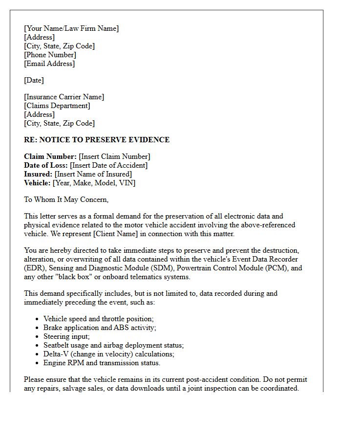 Insurance Carrier Motor Vehicle Event Data Recorder Preservation Letter
