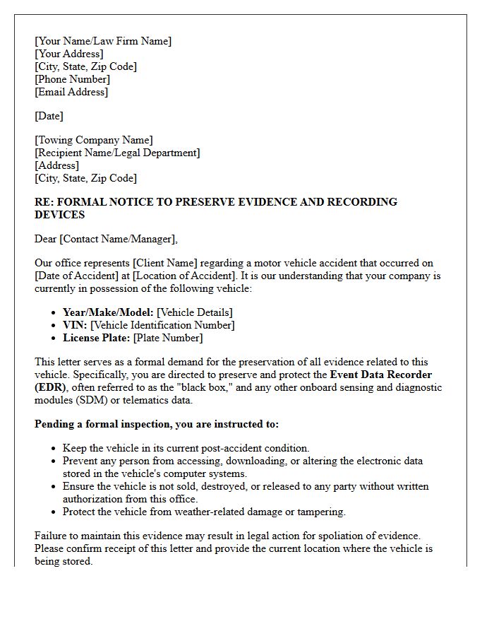 Third-Party Towing Company Motor Vehicle Event Data Recorder Preservation Letter