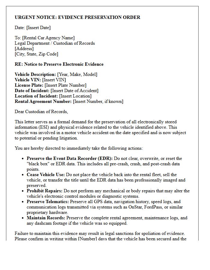 Rental Car Agency Motor Vehicle Event Data Recorder Preservation Letter