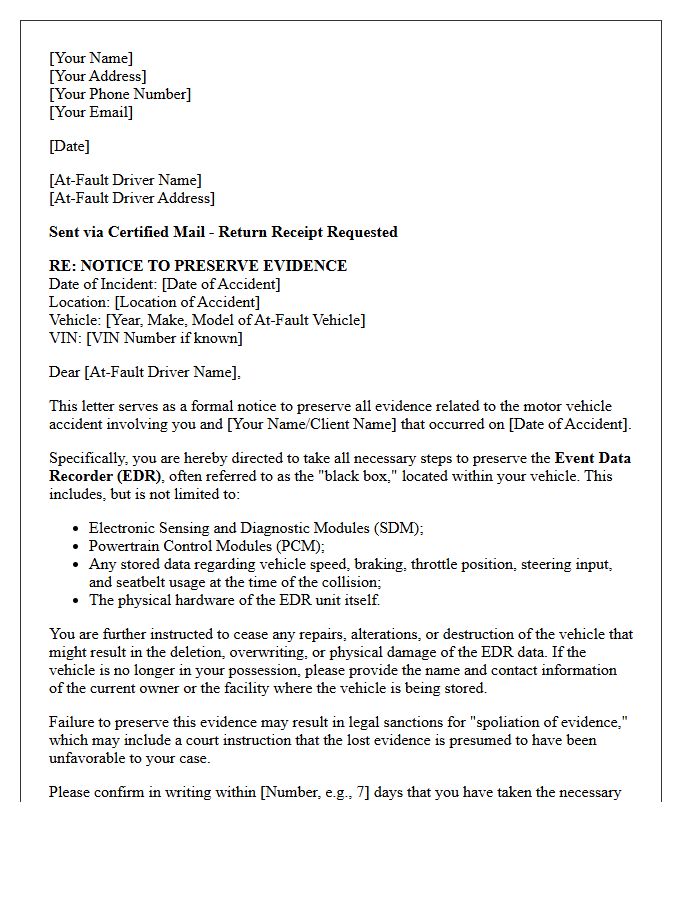 At-Fault Driver Motor Vehicle Event Data Recorder Spoliation Letter