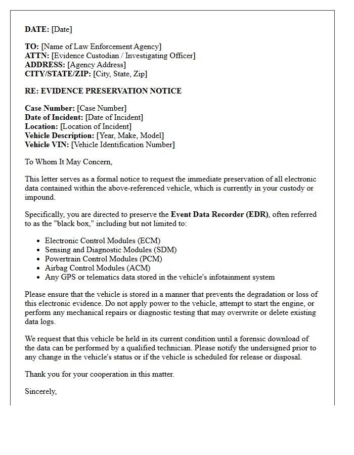 Law Enforcement Impound Motor Vehicle Event Data Recorder Preservation Letter