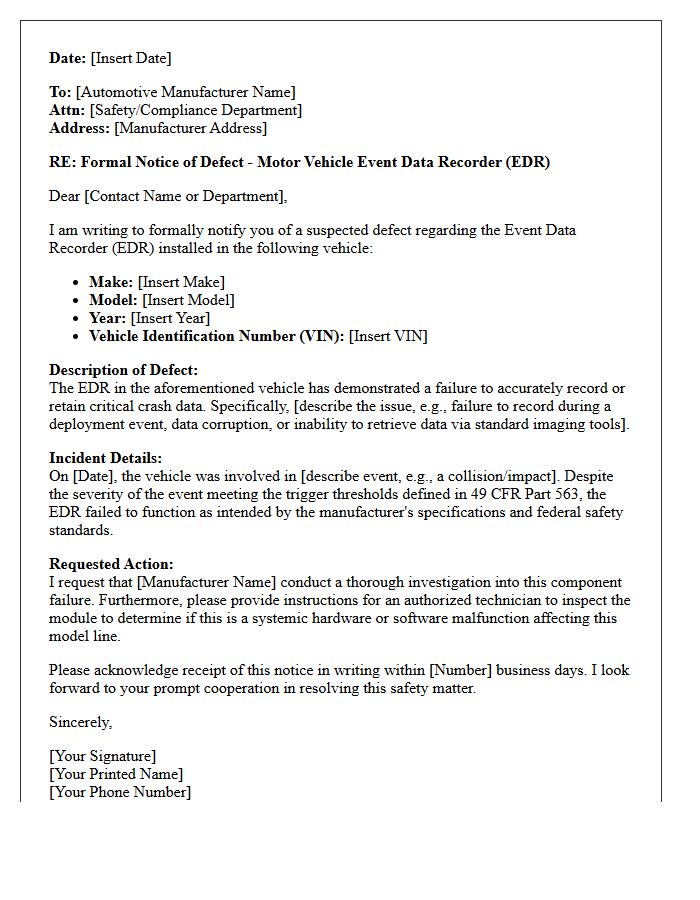 Automotive Manufacturer Motor Vehicle Event Data Recorder Defect Letter