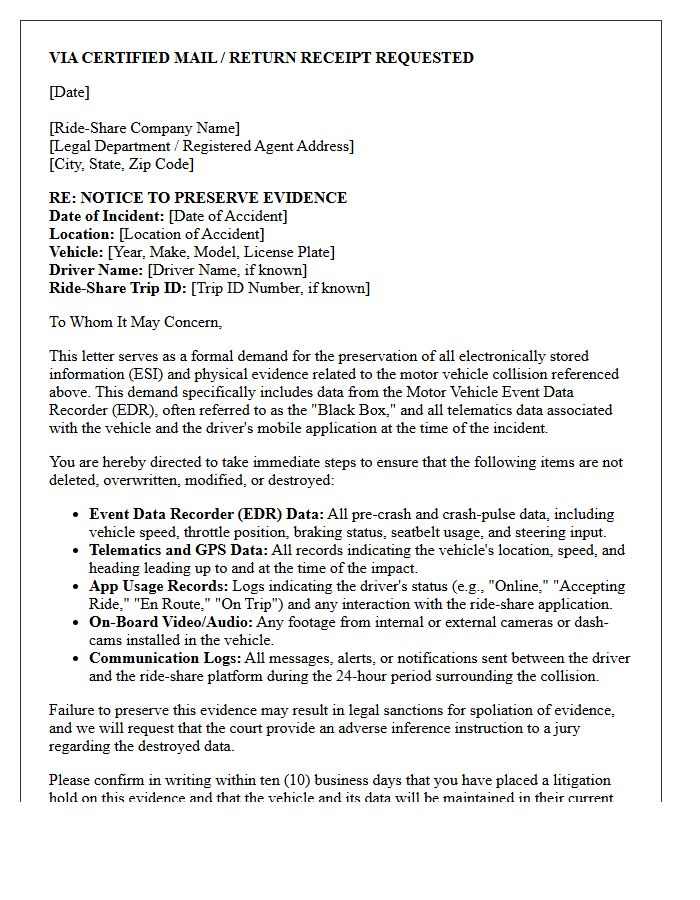 Ride-Share Corporate Motor Vehicle Event Data Recorder Preservation Letter
