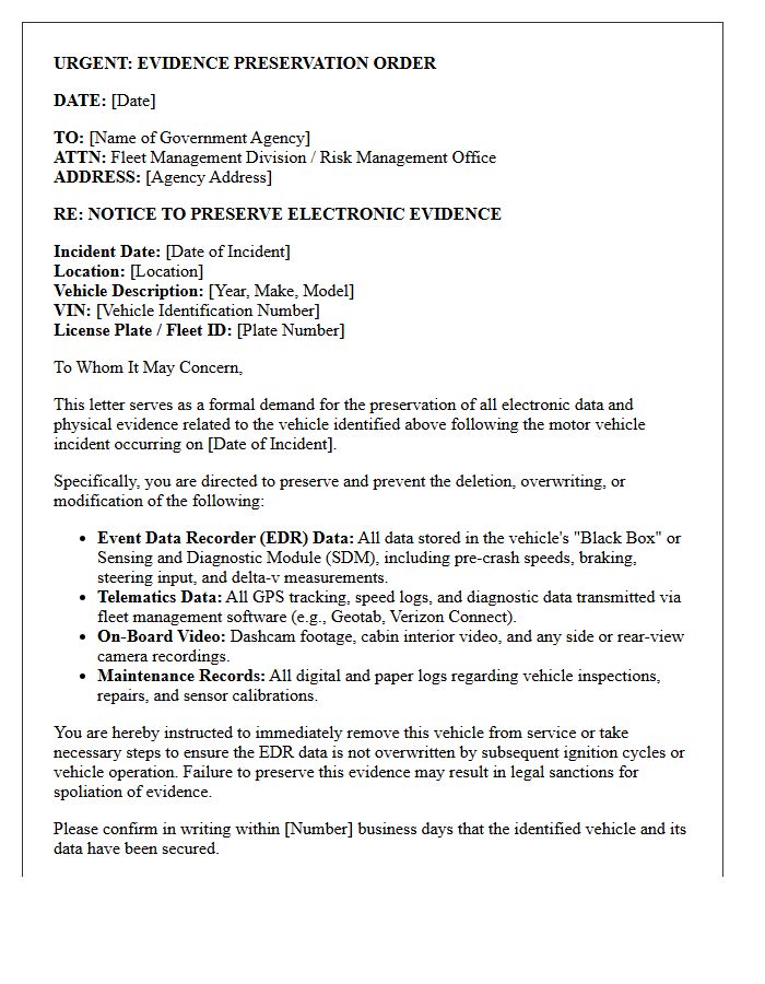 Government Fleet Motor Vehicle Event Data Recorder Preservation Letter