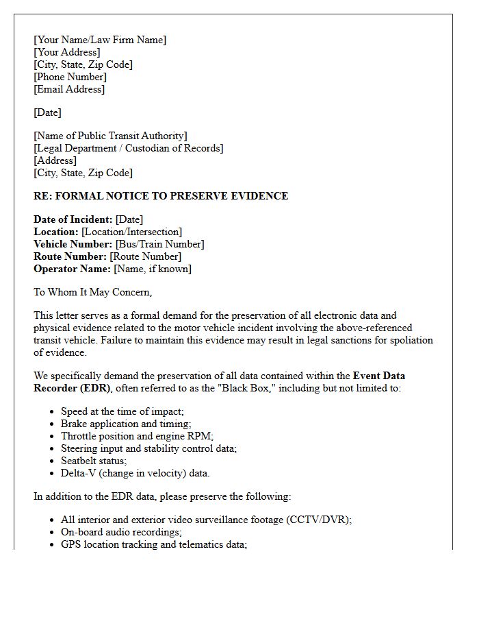 Public Transit Authority Motor Vehicle Event Data Recorder Preservation Letter