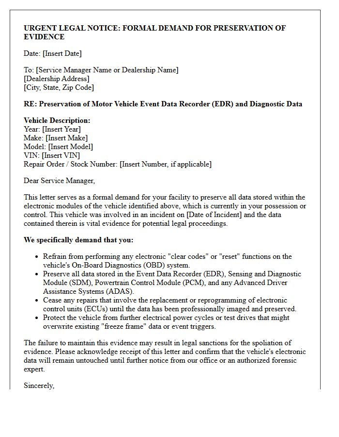 Dealership Repair Shop Motor Vehicle Event Data Recorder Preservation Letter