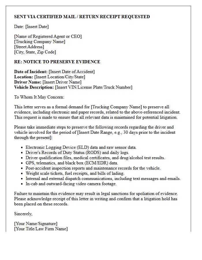 Initial Commercial Trucking Fleet Log Preservation Letter